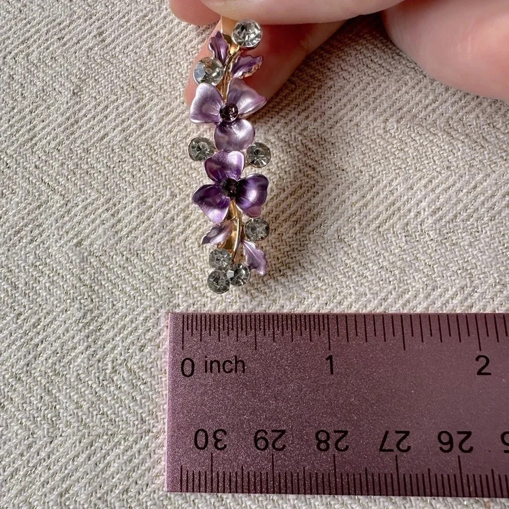 Purple Floral Romantic Gold Hair Pin w/ Crystal Rhinestones & Enamel - Picture 5 of 5